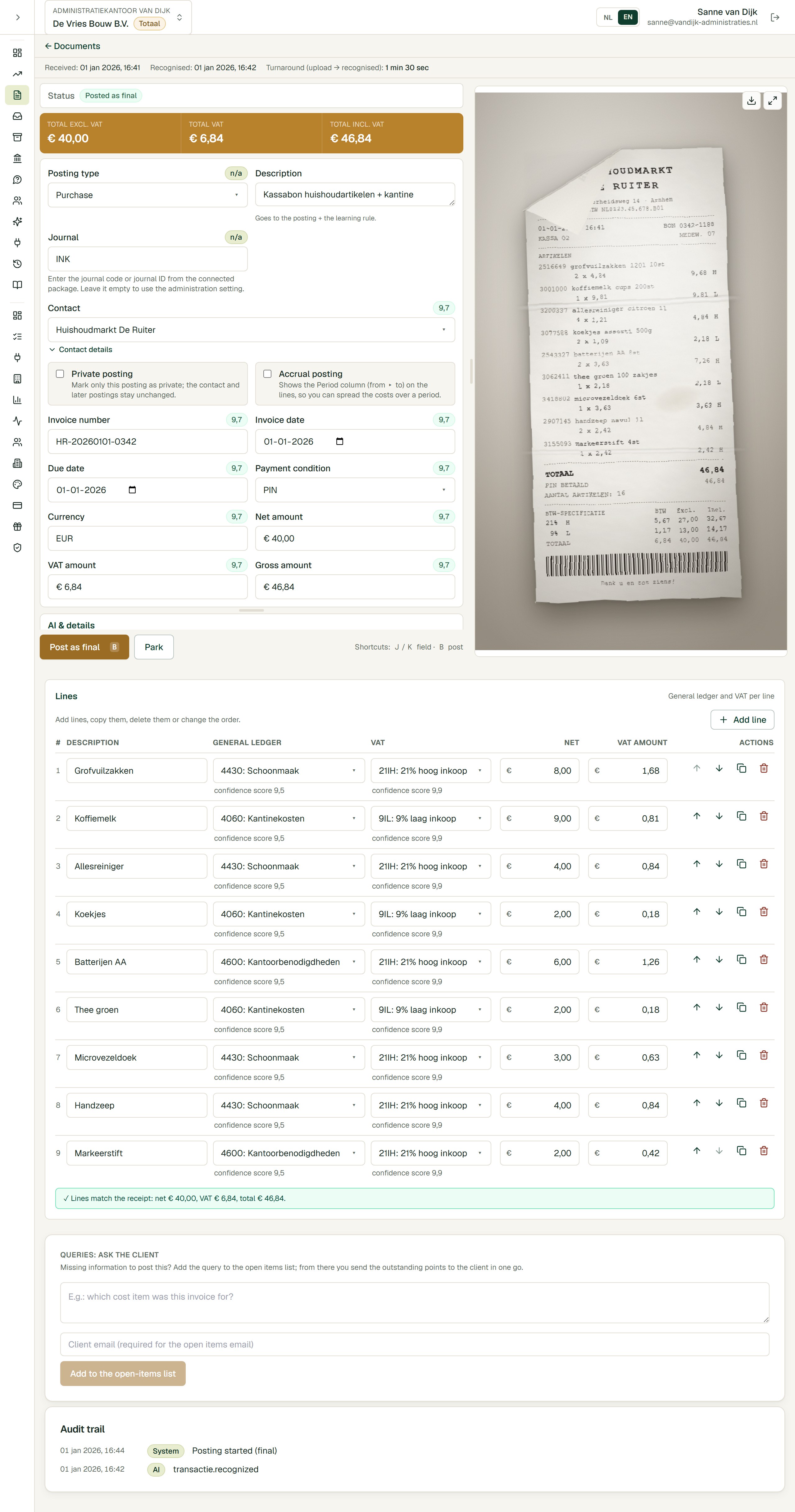 Screenshot of Agentancy: a till receipt of 1 januari 2026 from Huishoudmarkt De Ruiter, recognised automatically and posted as final. At the top the recognised posting, supplier Huishoudmarkt De Ruiter, invoice number, invoice date, payment condition PIN and the amounts € 40,00 excluding VAT, € 6,84 VAT and € 46,84 including, with the photographed receipt on the right, its top left corner folded over the shop name. Below it the nine posting lines: each line with its own GL account (4430 Schoonmaak, 4600 Kantoorbenodigdheden, 4060 Kantinekosten) and VAT rate (21% high and 9% low), with the check line showing that the lines add up to the receipt.